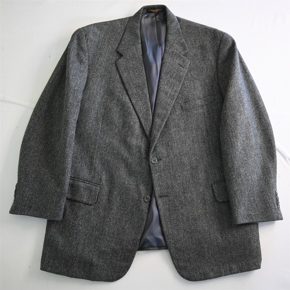 Vtg Hickey Freeman 46S USA Made Gray‎ Herringbone Tweed Wool Blazer Sport Coat
